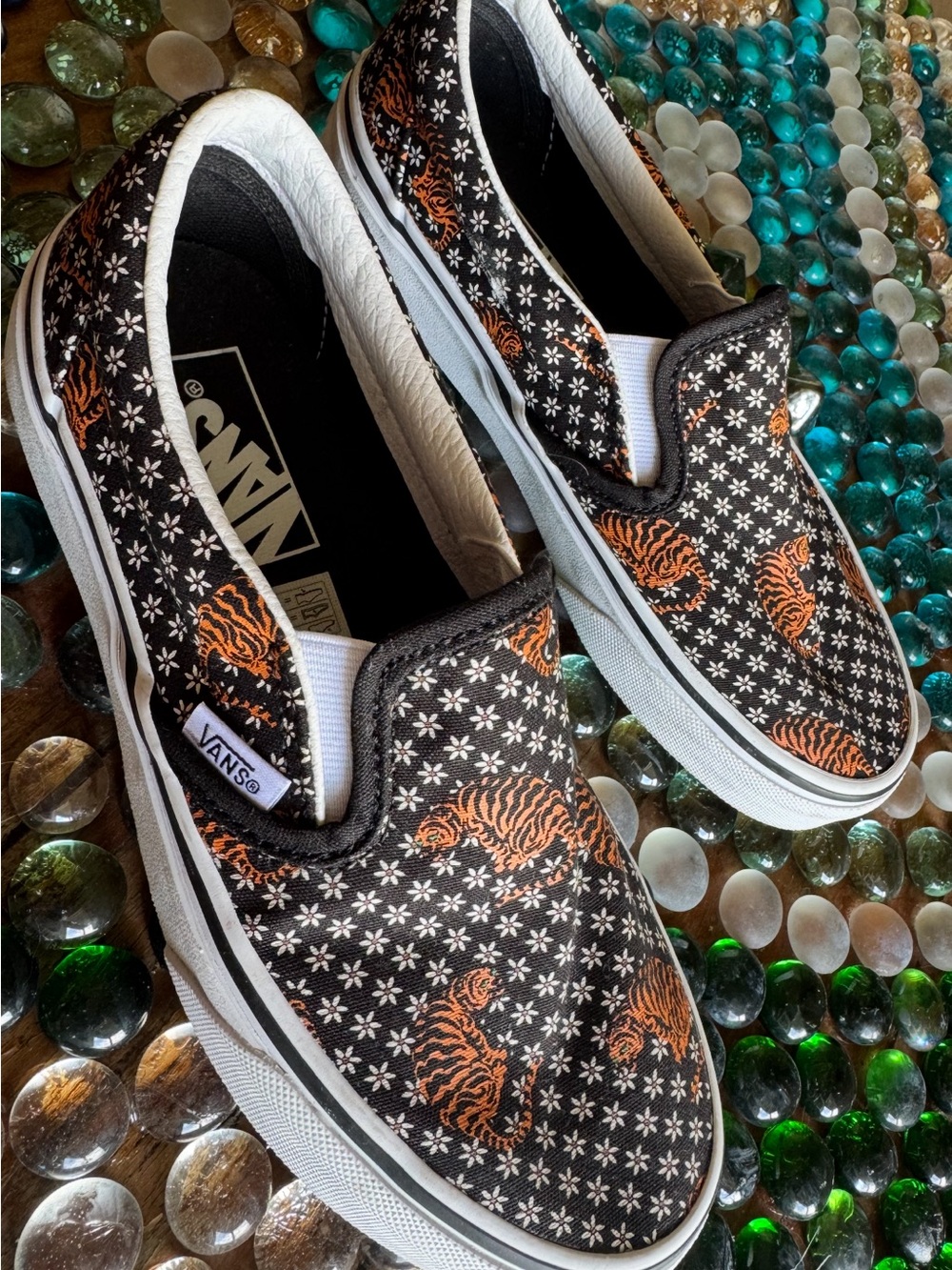 Vans Black Slip-On Sneakers with Orange Tiger Print